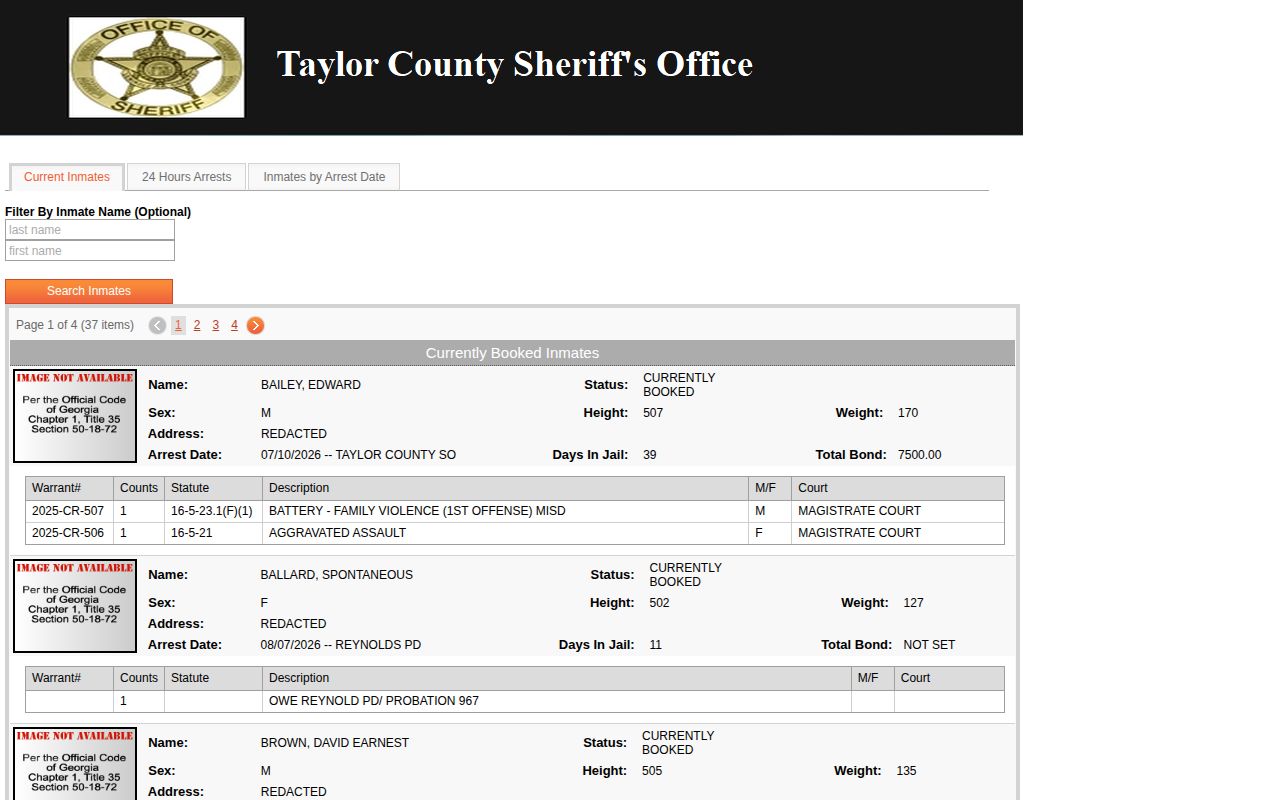 Taylor County Jail current inmate roster search and booking record fields