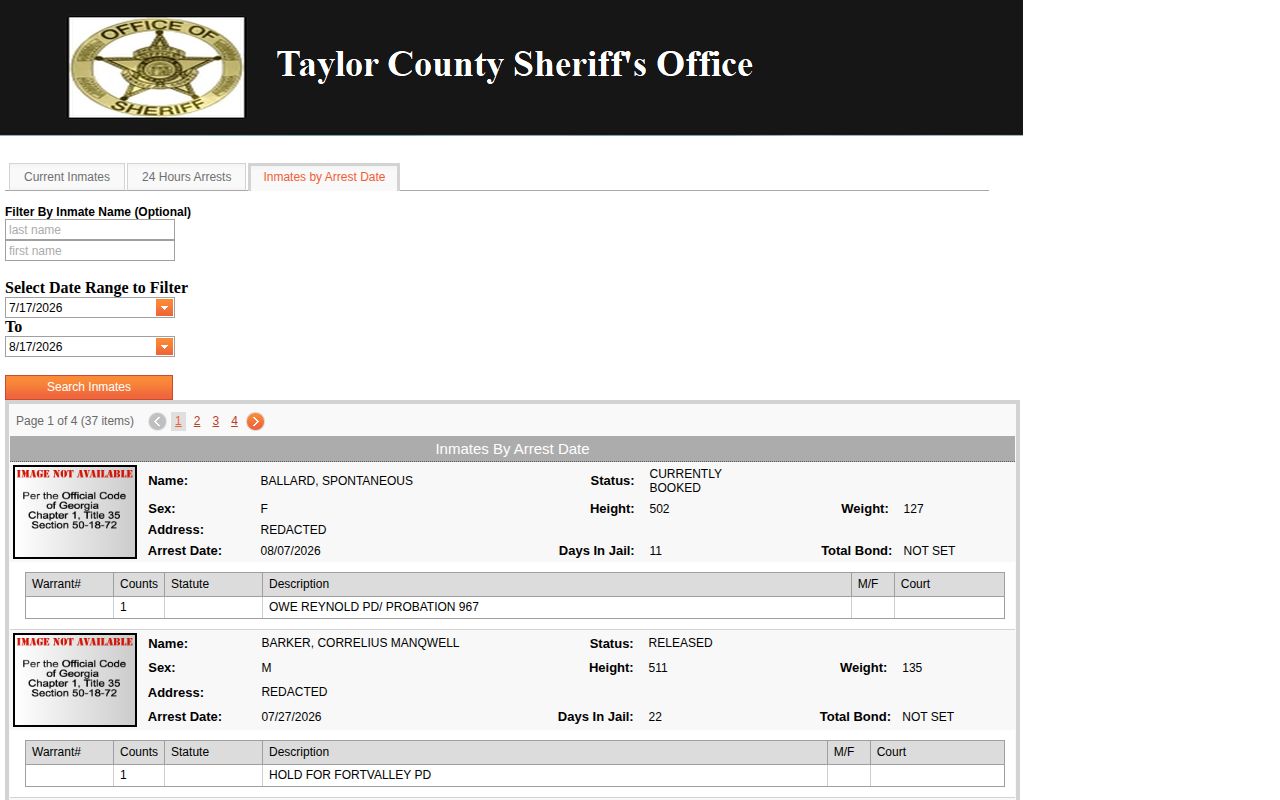 Taylor County inmates by arrest date search with booking records